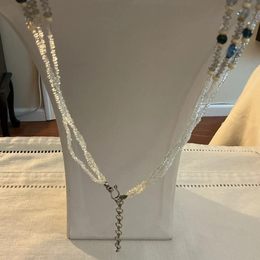 Blue and White Glass Multi Strand Silver Tone Statement Necklace